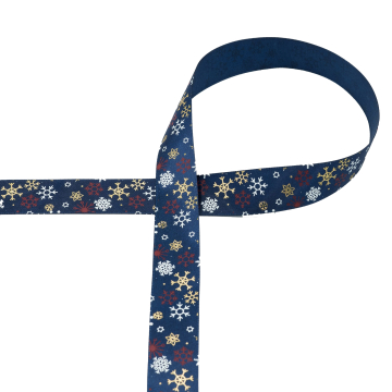 Satijnen band Snowflakes 25 mm, marineblauw