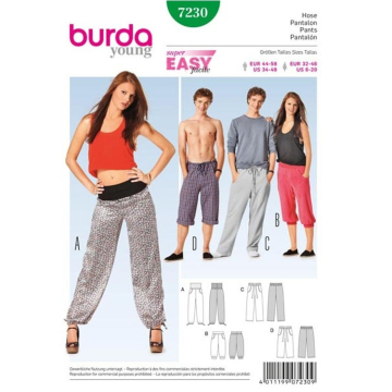 Pattern Pants for him and her, Burda 7230, En/Ger/Fr