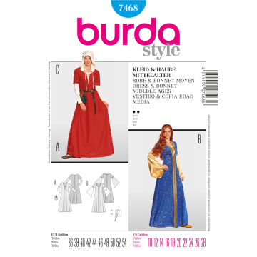 Patron Burda 7468 Robe & Bonnet Moyen Age, en français