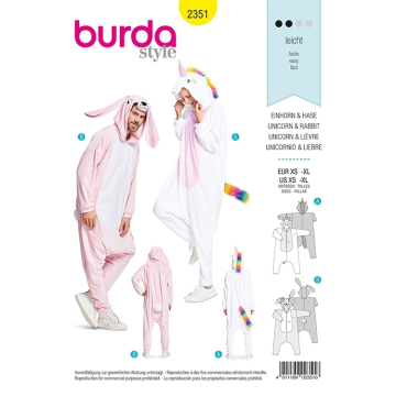 Patron Burda 2351 Combinaison lapin et licorne Adulte, en français