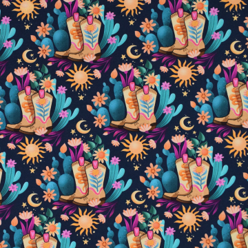 Tissu sweat léger bio Albstoffe Hamburger Liebe Western Fairy Tales Cowgirls, bleu foncé