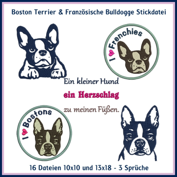 Stickdatei Rock Queen Boston Terrier - Französische Bulldogge