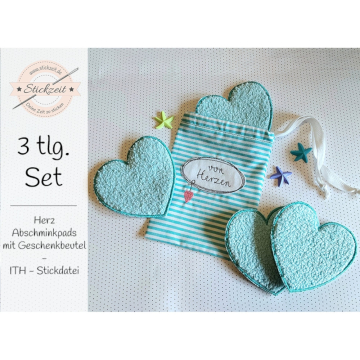 Fichier modèle broderie Disques démaquillants coeurs avec sac rangement Stickzeit