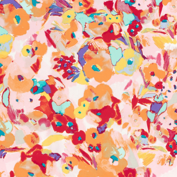 Stretch cotton satin meadow of flowers, pink