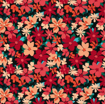Tissu satin de coton stretch Fleurs Flower love, noir