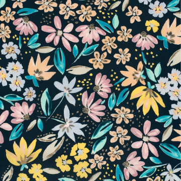 Tissu satin de coton stretch Fleurs Flowers, bleu marine