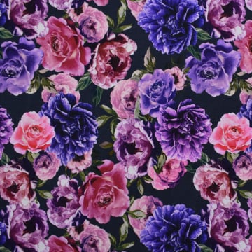 Viscose mix jersey flowers garden, marineblauw