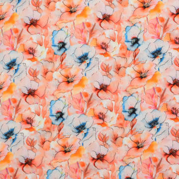 Viscose Popeline beautiful flowers, lichtoranje