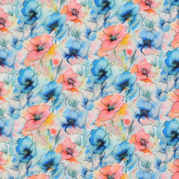 Viscose Popeline beautiful flowers, turquoise