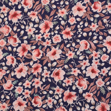 Viscose Popeline lovely flowers, marineblauw