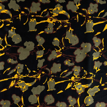 Viscose satin abstract flowers, olive green
