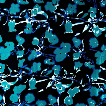 Viscose satin abstract flowers, teal