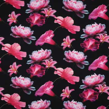 Viscose stof Pink Flowers, zwart