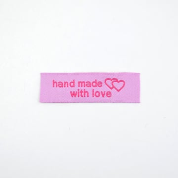Étiquette vêtement à coudre Handmade with love 5x1,5cm, rose