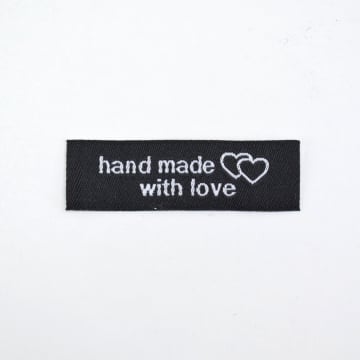 Étiquette vêtement à coudre Handmade with love 5x1,5cm, noir