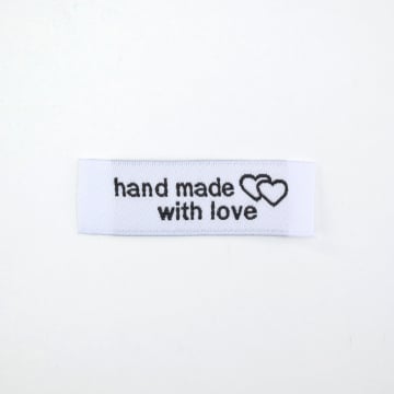 Étiquette vêtement à coudre Handmade with love 5x1,5cm, blanc