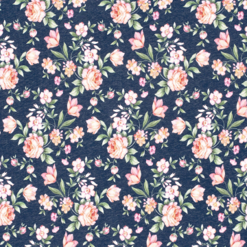 Tissu sweat molleton Roses, bleu denim