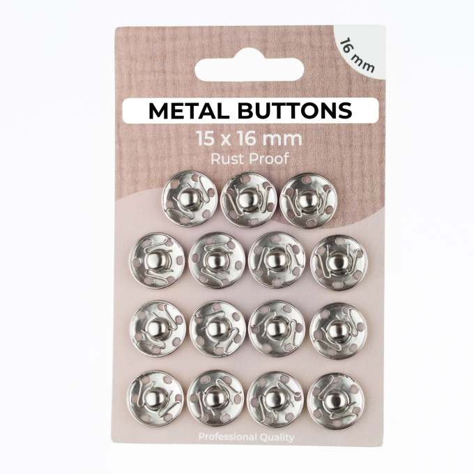 15 Boutons pression à coudre 16 mm, argent