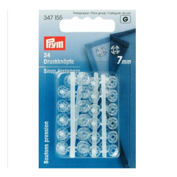 24 boutons pression à coudre Prym, 7 mm, transparent