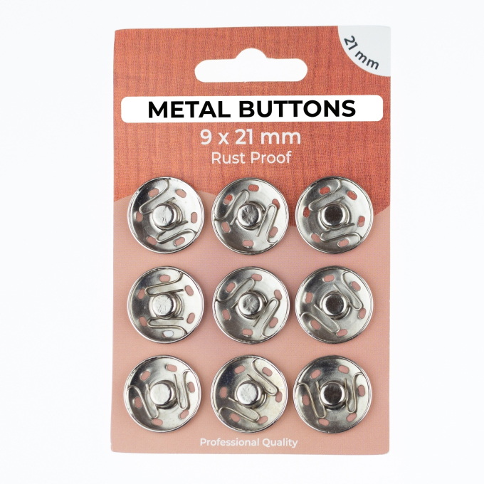 9 Boutons pression à coudre 21 mm, argent