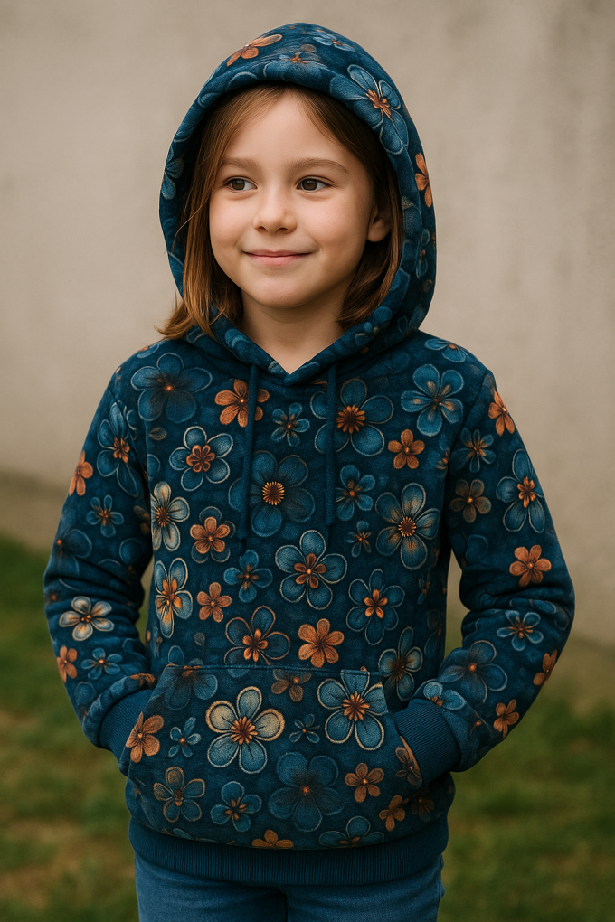 Alpenfleece sweatshirtstof Denim Flowers, blauw