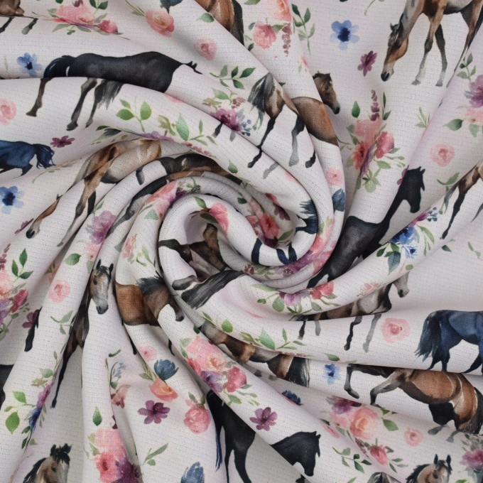 Alpenfleece sweatshirtstof paarden, gebroken wit