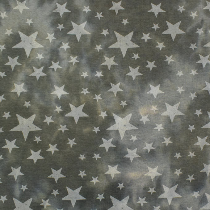 Tissu sweat polaire alpine Batik Tie dye Stars, vert olive