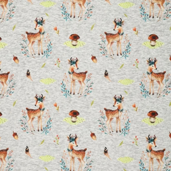 Alpenfleece sweatstof Cute Deer, lichtgrijs gemêleerd