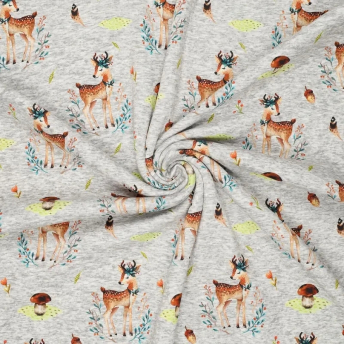 Alpenfleece sweatstof Cute Deer, lichtgrijs gemêleerd