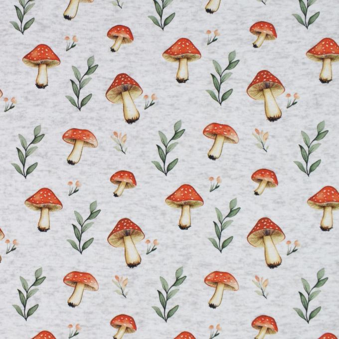 Alpenfleece sweatstof Vliegenzwammen, lichtgrijs gemêleerd