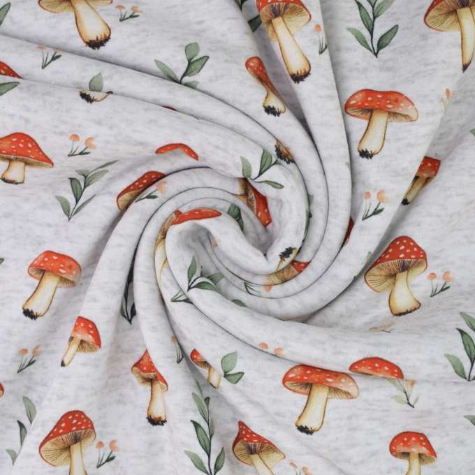 Alpenfleece sweatstof Vliegenzwammen, lichtgrijs gemêleerd