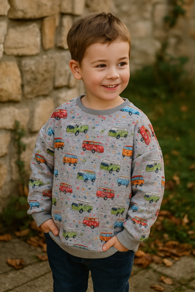 Alpenfleece happy bus, grijs gemêleerd