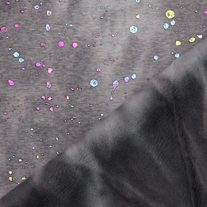 Tissu sweat polaire alpine Batik Tie dye moucheté brillant Rainbow dots, gris