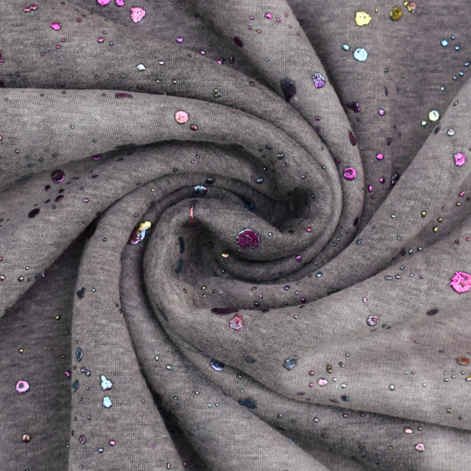 Tissu sweat polaire alpine Batik Tie dye moucheté brillant Rainbow dots, gris