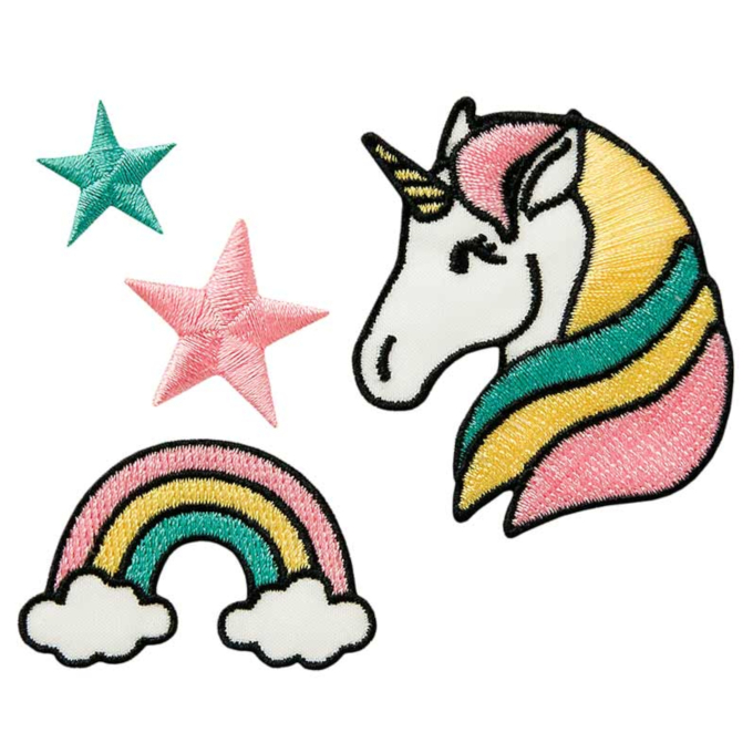 4 Patchs écussons thermocollants Licorne arc-en-ciel étoiles
