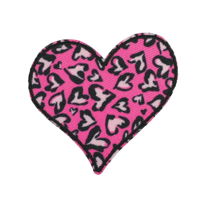 Patch écusson thermocollant Coeur Léopard, rose fuchsia