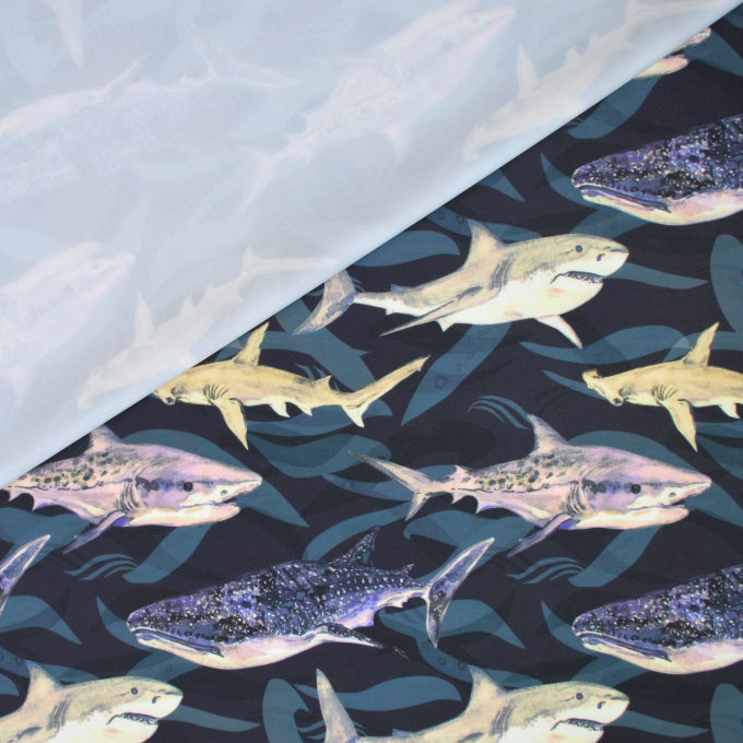 Swimsuit fabric sharks, navy blue