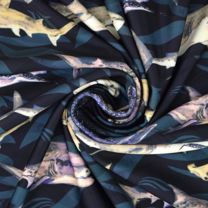 Swimsuit fabric sharks, navy blue