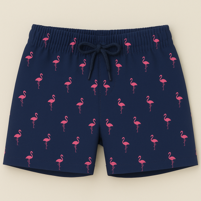 Tissu maillot de bain short homme flamant rose, bleu foncé