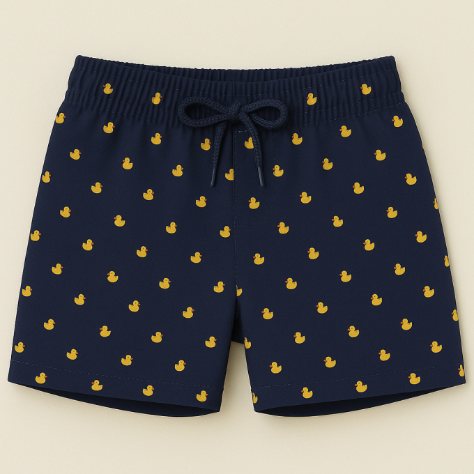 Tissu maillot de bain short homme petits canards, bleu marine