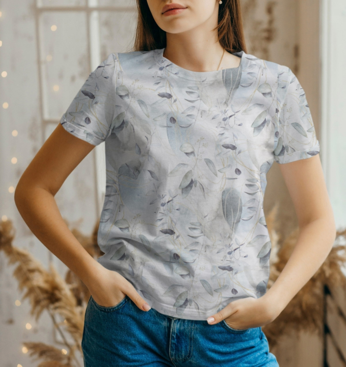 Tissu jersey de bambou Feuilles Big Leaves, bleu pâle