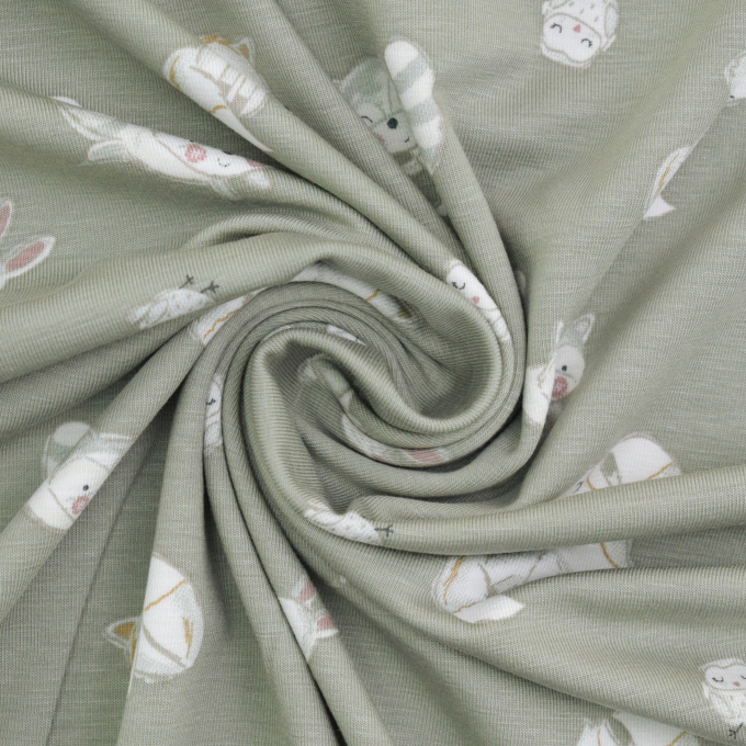 Tissu jersey de bambou Woodland Animals, vert pâle
