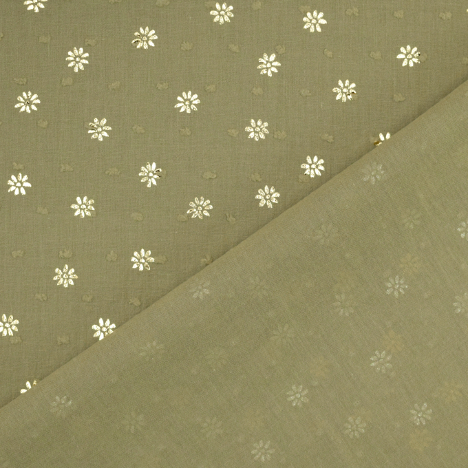 Tissu coton batiste plumetis fleurs dorées, vert olive clair