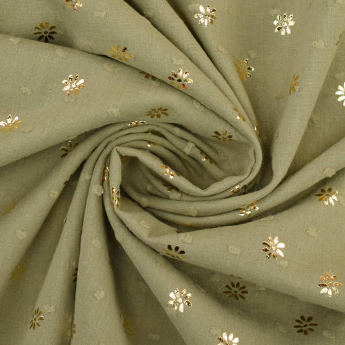 Tissu coton batiste plumetis fleurs dorées, vert olive clair