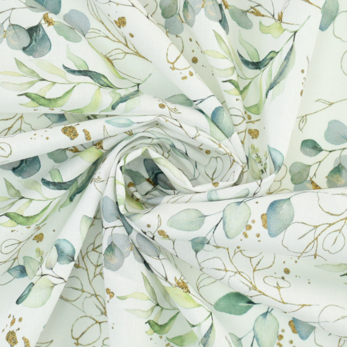 Tissu coton batiste feuilles eucalyptus, blanc