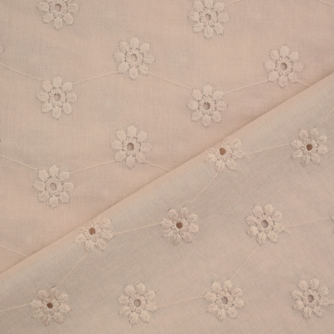 Tissu coton batiste broderie Fleurs Flowers, sable