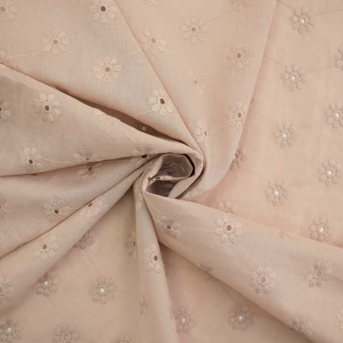Tissu coton batiste broderie Fleurs Flowers, sable