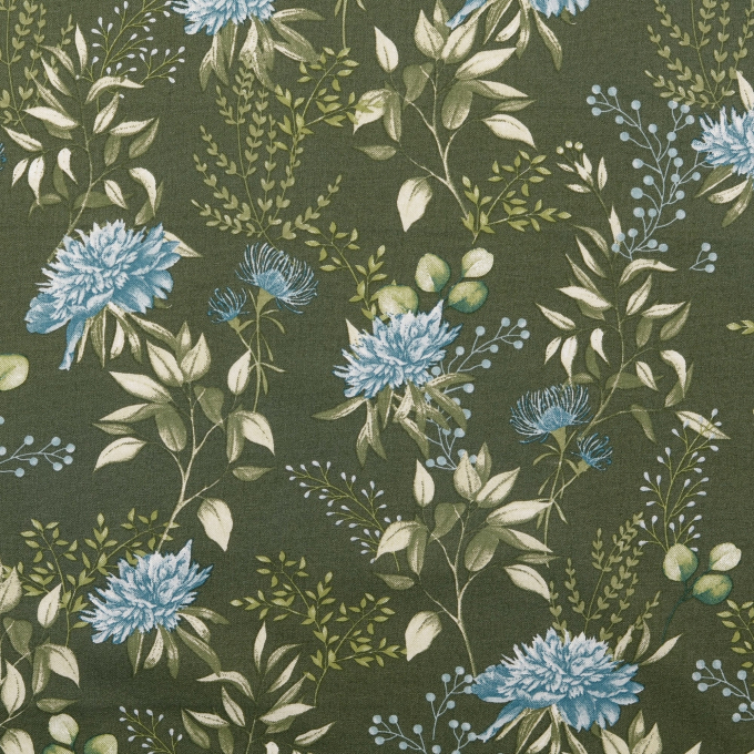 Baumwoll Cretonne Flowers, dunkelgrün