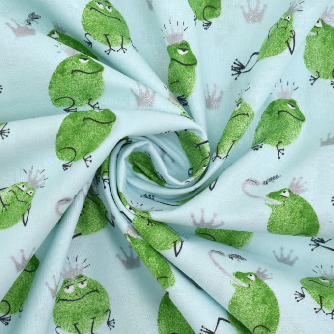 Tissu coton cretonne Roi Grenouille, bleu clair