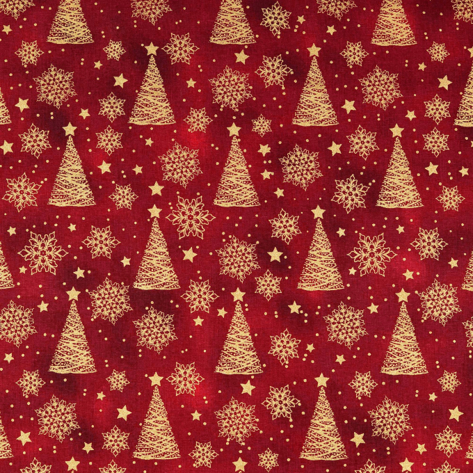 Cretonne katoen Golden Christmas Tree, wijnrood
